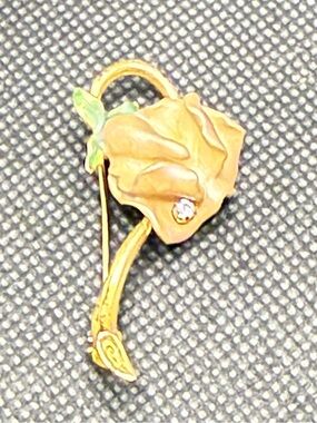 Vintage Joan Rivers Art Nouveau Gold Tone Pink Enamel Orchid W/ Gem Brooch Pin